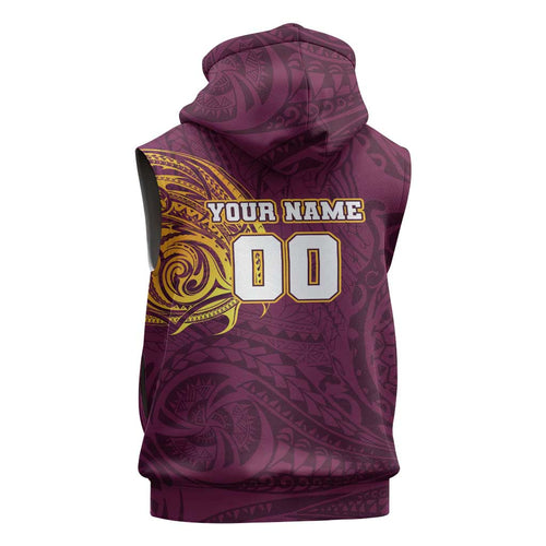 Personalized Brisbane Broncos Sleeveless Zip Hoodie Polynesian Tribal Chest and Sleeve Tattoo