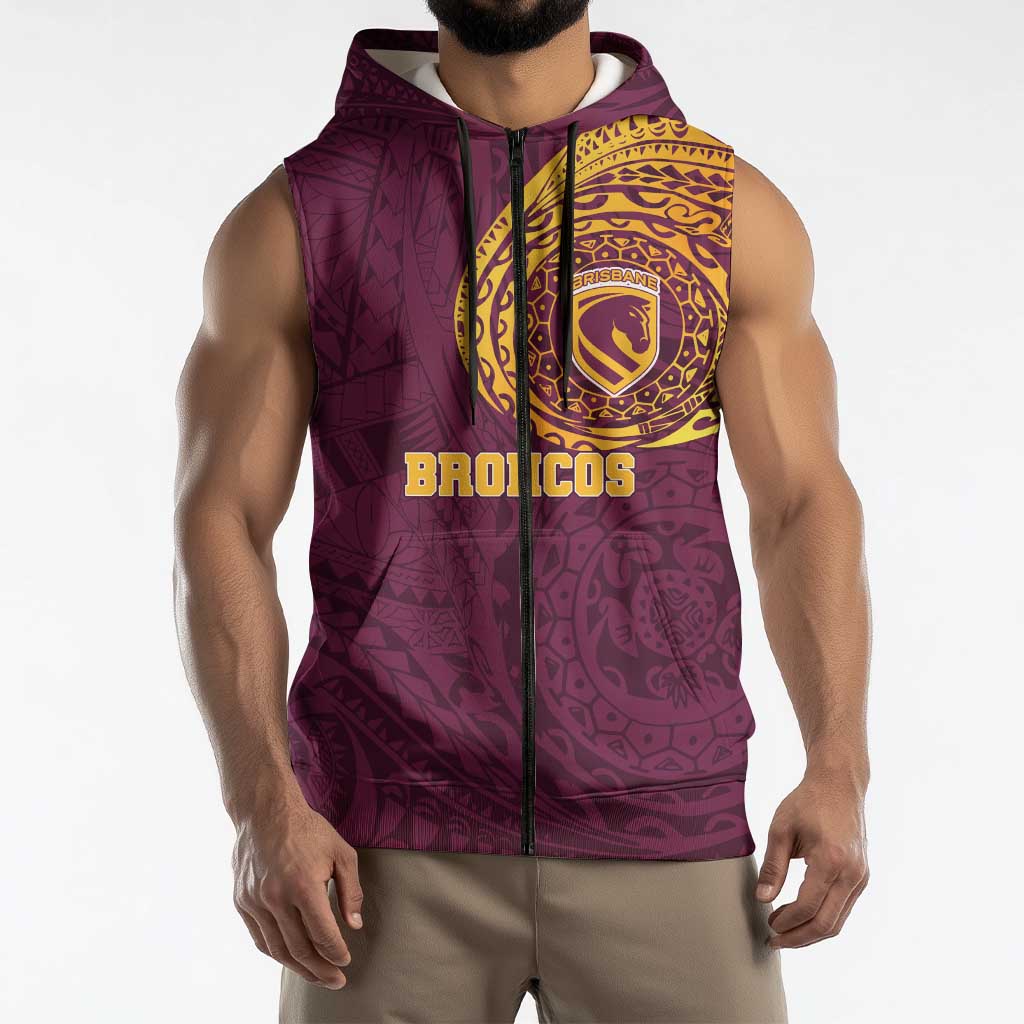 Personalized Brisbane Broncos Sleeveless Zip Hoodie Polynesian Tribal Chest and Sleeve Tattoo