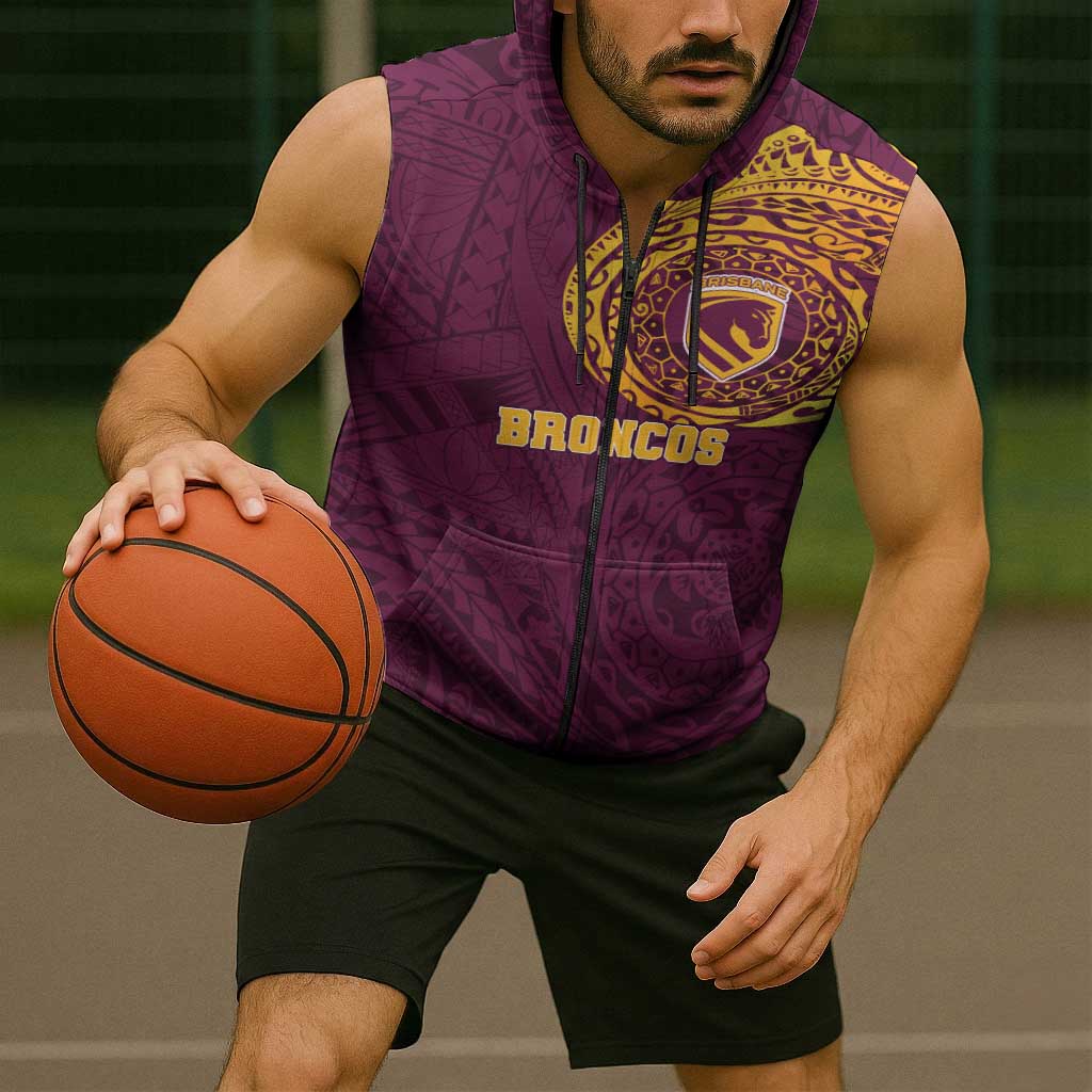 Personalized Brisbane Broncos Sleeveless Zip Hoodie Polynesian Tribal Chest and Sleeve Tattoo