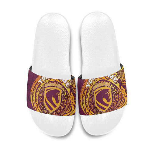 Personalized Brisbane Broncos Slide Sandals Polynesian Tribal Chest and Sleeve Tattoo