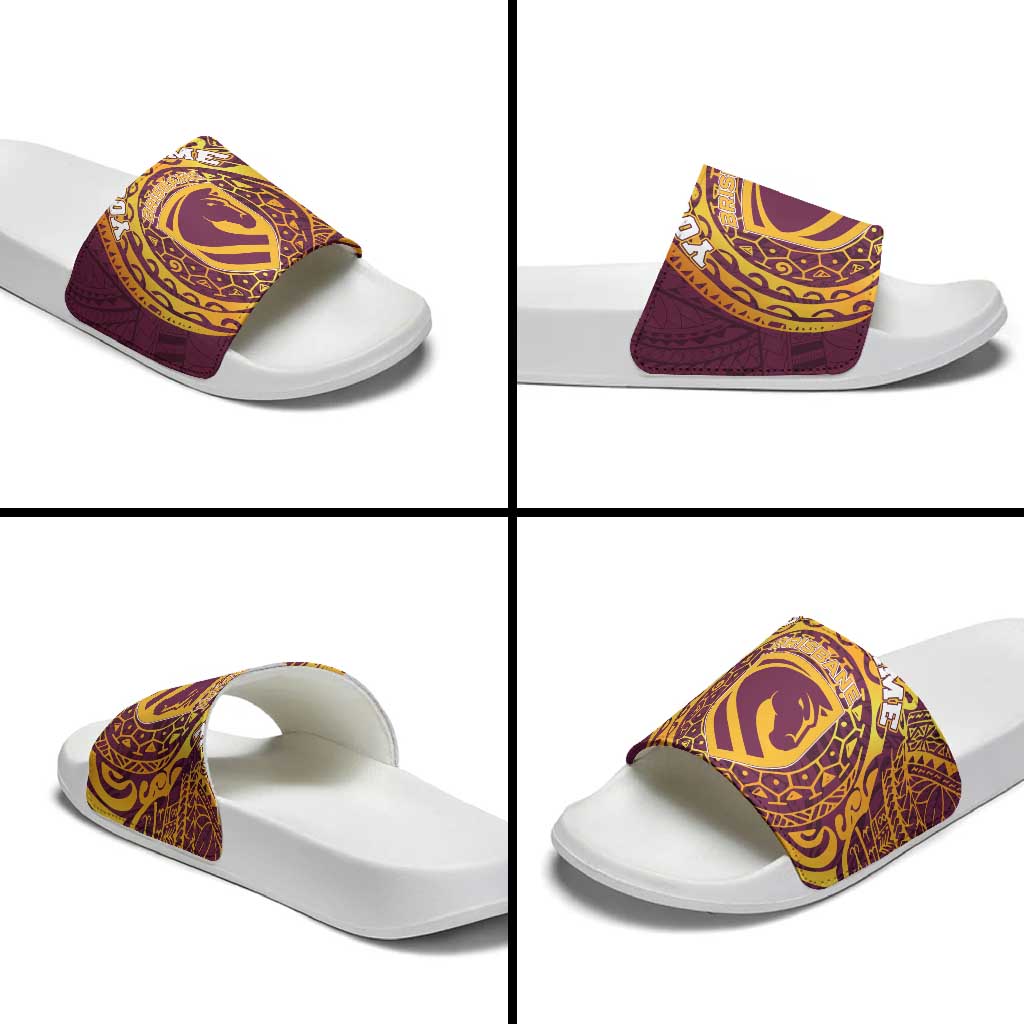 Personalized Brisbane Broncos Slide Sandals Polynesian Tribal Chest and Sleeve Tattoo