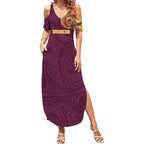 Personalized Brisbane Broncos Summer Maxi Dress Polynesian Tribal Chest and Sleeve Tattoo