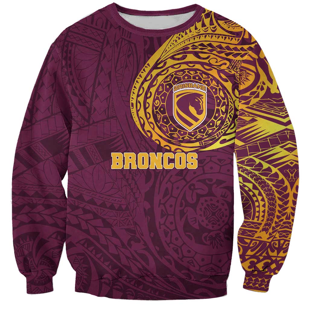 Personalized Brisbane Broncos Sweatshirt Polynesian Tribal Chest and Sleeve Tattoo