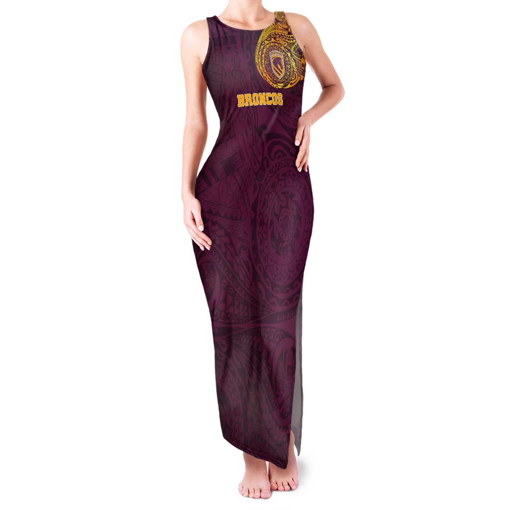 Personalized Brisbane Broncos Tank Maxi Dress Polynesian Tribal Chest and Sleeve Tattoo