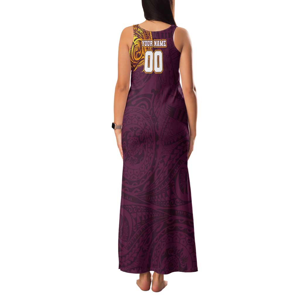 Personalized Brisbane Broncos Tank Maxi Dress Polynesian Tribal Chest and Sleeve Tattoo