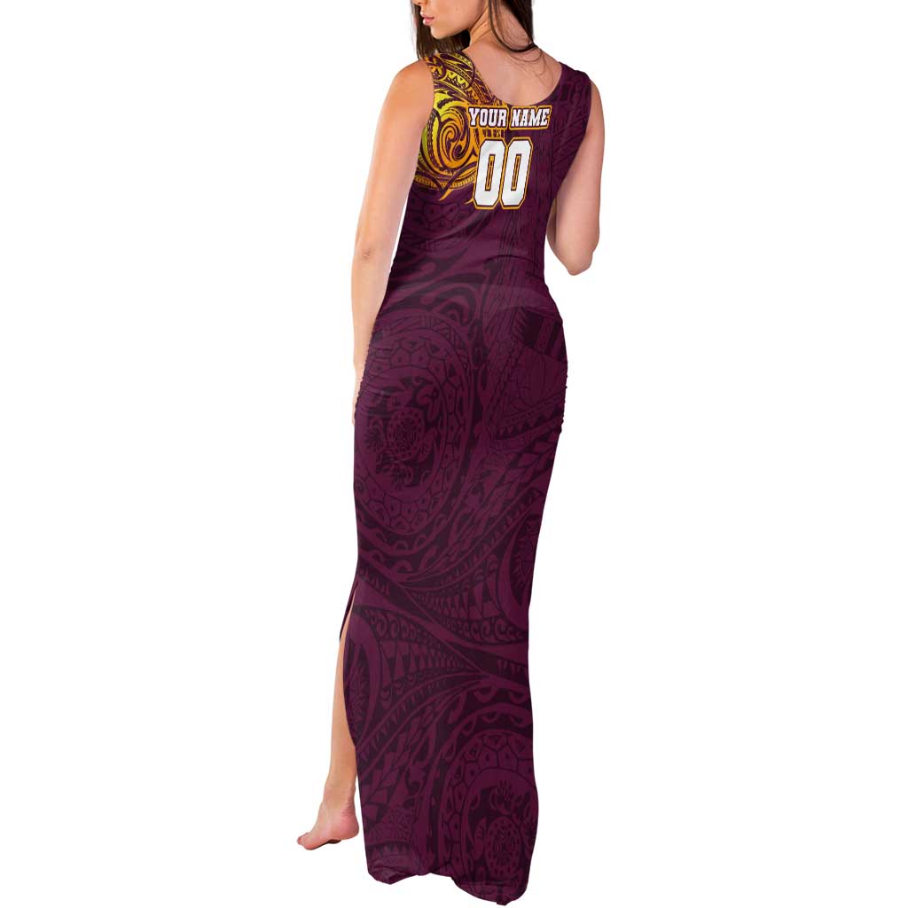 Personalized Brisbane Broncos Tank Maxi Dress Polynesian Tribal Chest and Sleeve Tattoo