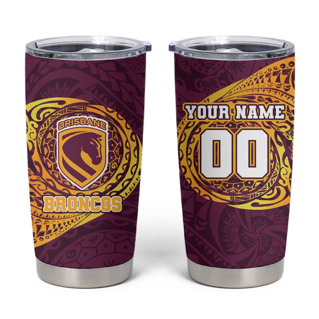 Personalized Brisbane Broncos Tumbler Cup Polynesian Tribal Chest and Sleeve Tattoo