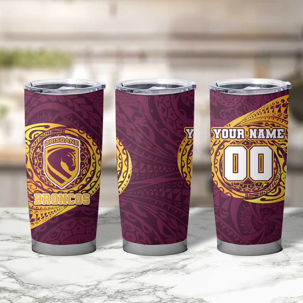 Personalized Brisbane Broncos Tumbler Cup Polynesian Tribal Chest and Sleeve Tattoo