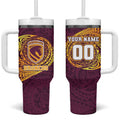 Personalized Brisbane Broncos Tumbler With Handle Polynesian Tribal Chest and Sleeve Tattoo