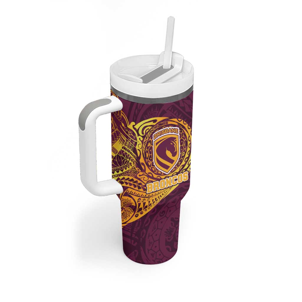 Personalized Brisbane Broncos Tumbler With Handle Polynesian Tribal Chest and Sleeve Tattoo