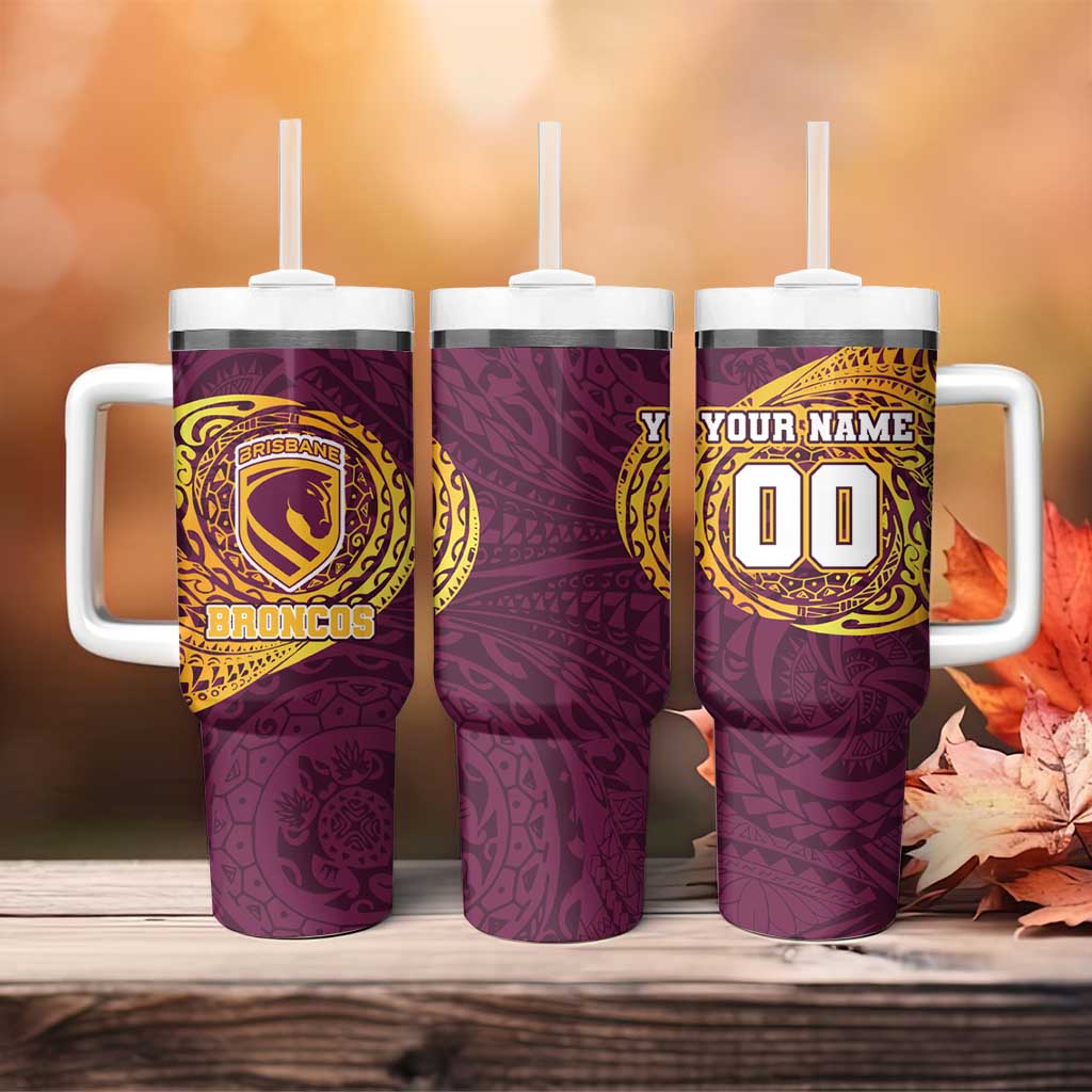 Personalized Brisbane Broncos Tumbler With Handle Polynesian Tribal Chest and Sleeve Tattoo