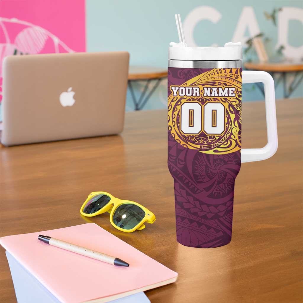 Personalized Brisbane Broncos Tumbler With Handle Polynesian Tribal Chest and Sleeve Tattoo