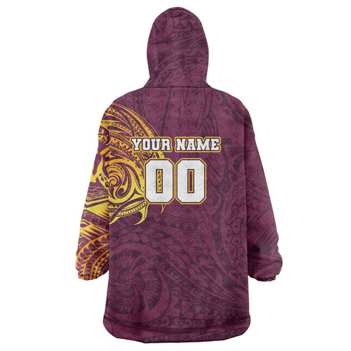 Personalized Brisbane Broncos Wearable Blanket Hoodie Polynesian Tribal Chest and Sleeve Tattoo