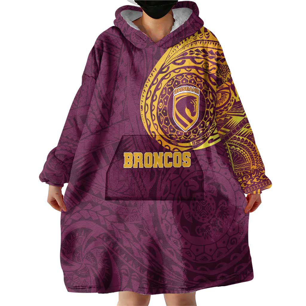 Personalized Brisbane Broncos Wearable Blanket Hoodie Polynesian Tribal Chest and Sleeve Tattoo