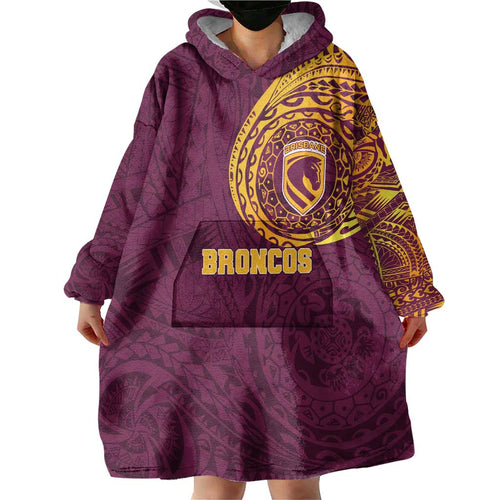 Personalized Brisbane Broncos Wearable Blanket Hoodie Polynesian Tribal Chest and Sleeve Tattoo