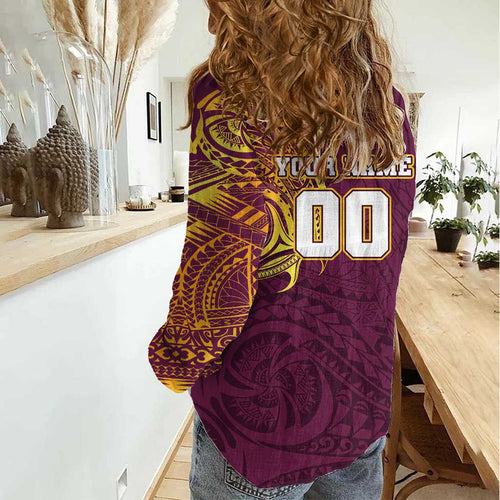 Personalized Brisbane Broncos Women Casual Shirt Polynesian Tribal Chest and Sleeve Tattoo