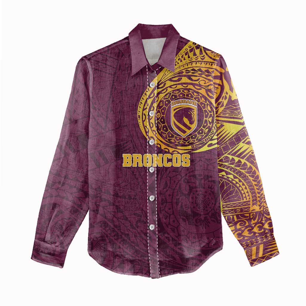 Personalized Brisbane Broncos Women Casual Shirt Polynesian Tribal Chest and Sleeve Tattoo