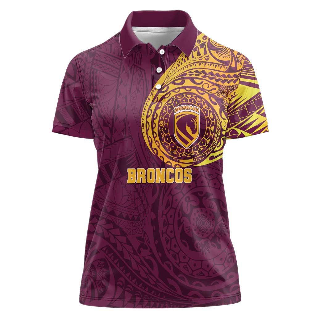 Personalized Brisbane Broncos Women Polo Shirt Polynesian Tribal Chest and Sleeve Tattoo