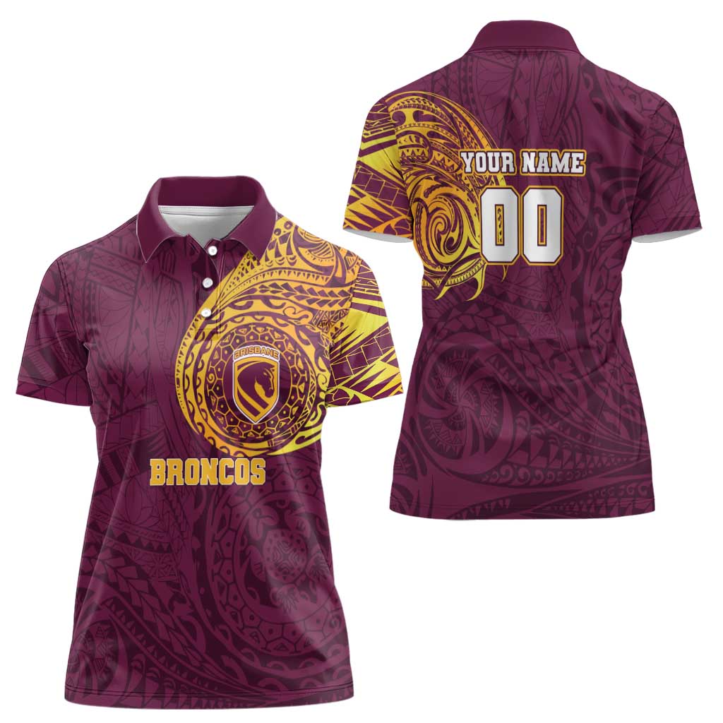 Personalized Brisbane Broncos Women Polo Shirt Polynesian Tribal Chest and Sleeve Tattoo