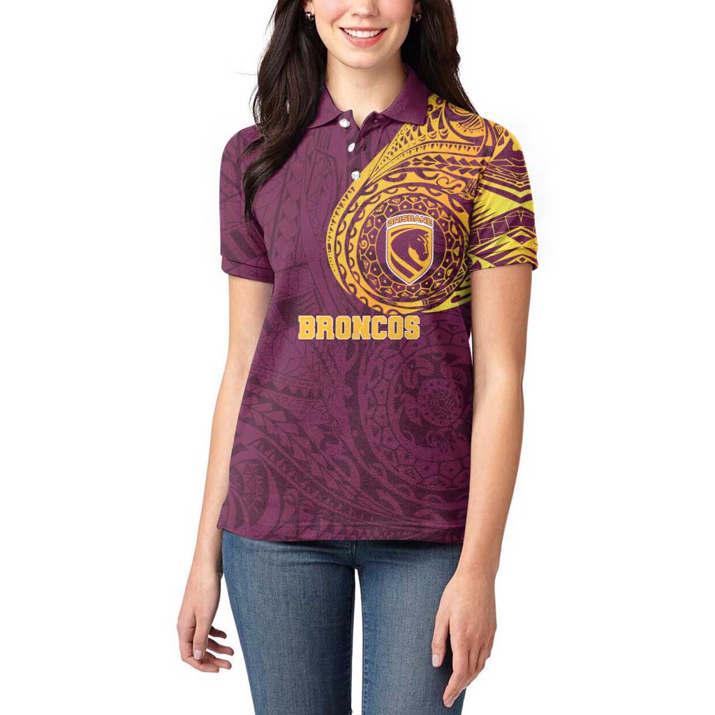 Personalized Brisbane Broncos Women Polo Shirt Polynesian Tribal Chest and Sleeve Tattoo