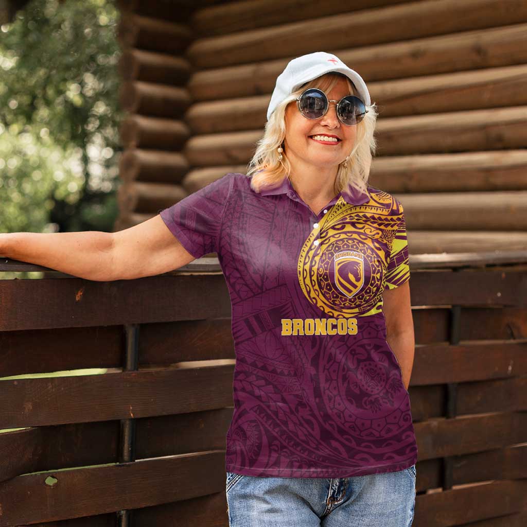 Personalized Brisbane Broncos Women Polo Shirt Polynesian Tribal Chest and Sleeve Tattoo