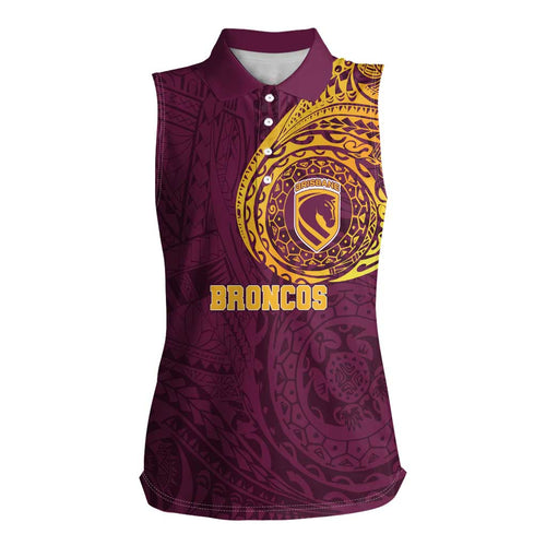 Personalized Brisbane Broncos Women Sleeveless Polo Shirt Polynesian Tribal Chest and Sleeve Tattoo