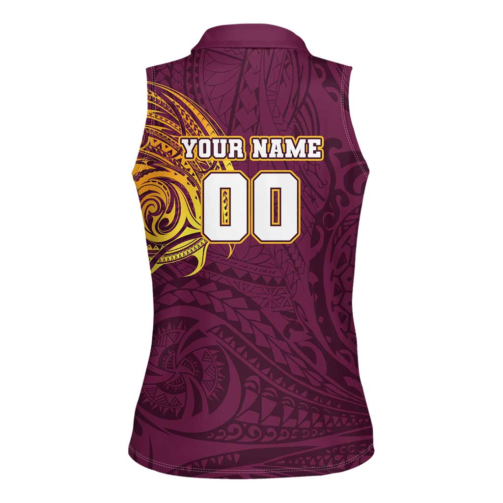 Personalized Brisbane Broncos Women Sleeveless Polo Shirt Polynesian Tribal Chest and Sleeve Tattoo