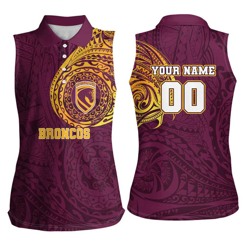 Personalized Brisbane Broncos Women Sleeveless Polo Shirt Polynesian Tribal Chest and Sleeve Tattoo