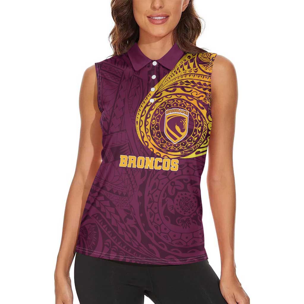 Personalized Brisbane Broncos Women Sleeveless Polo Shirt Polynesian Tribal Chest and Sleeve Tattoo