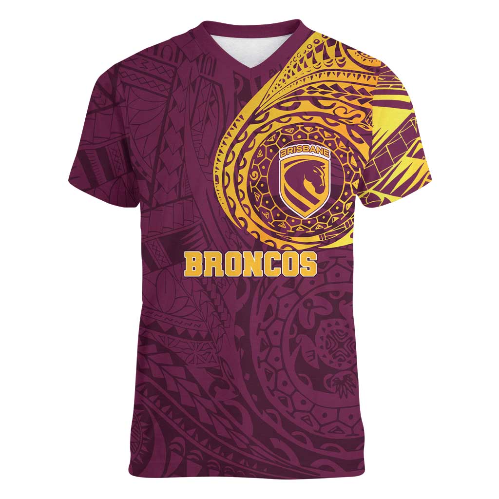 Personalized Brisbane Broncos Women V-Neck T-Shirt Polynesian Tribal Chest and Sleeve Tattoo