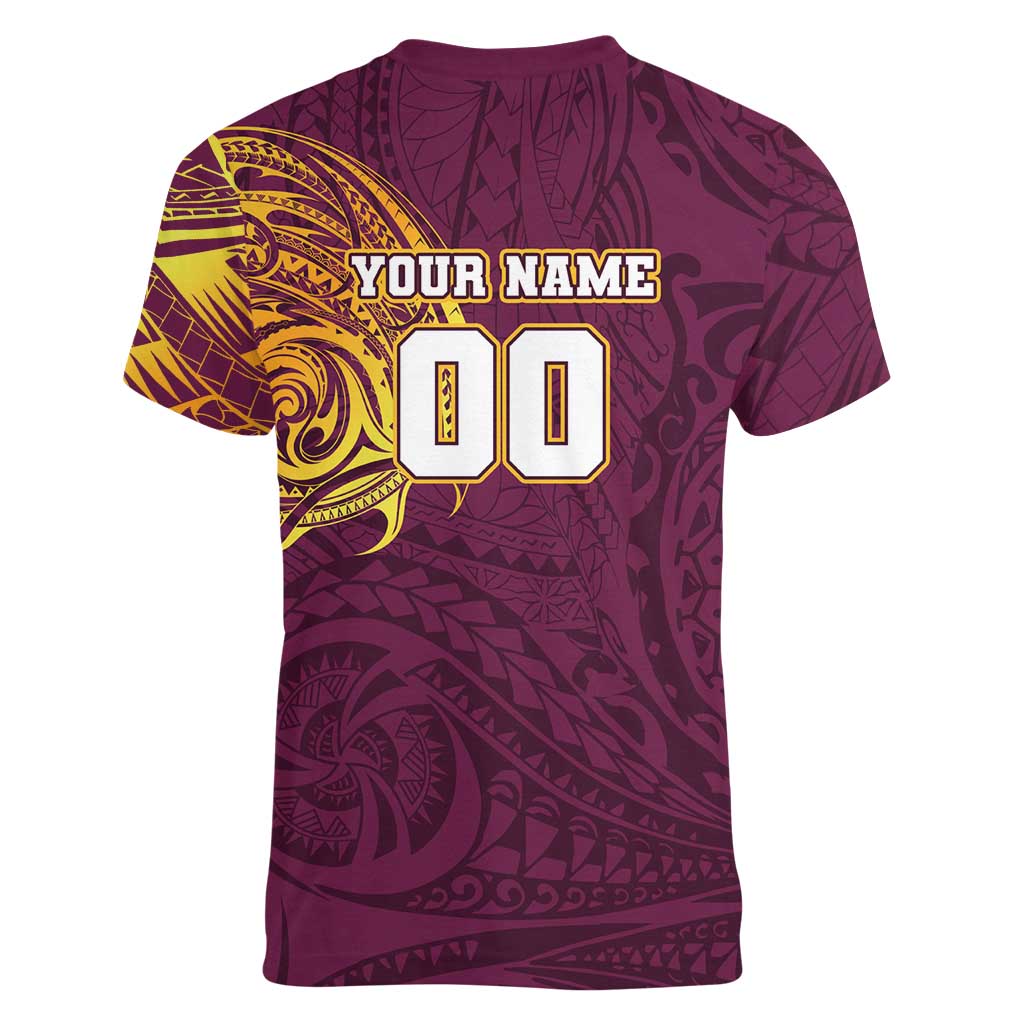 Personalized Brisbane Broncos Women V-Neck T-Shirt Polynesian Tribal Chest and Sleeve Tattoo