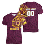 Personalized Brisbane Broncos Women V-Neck T-Shirt Polynesian Tribal Chest and Sleeve Tattoo