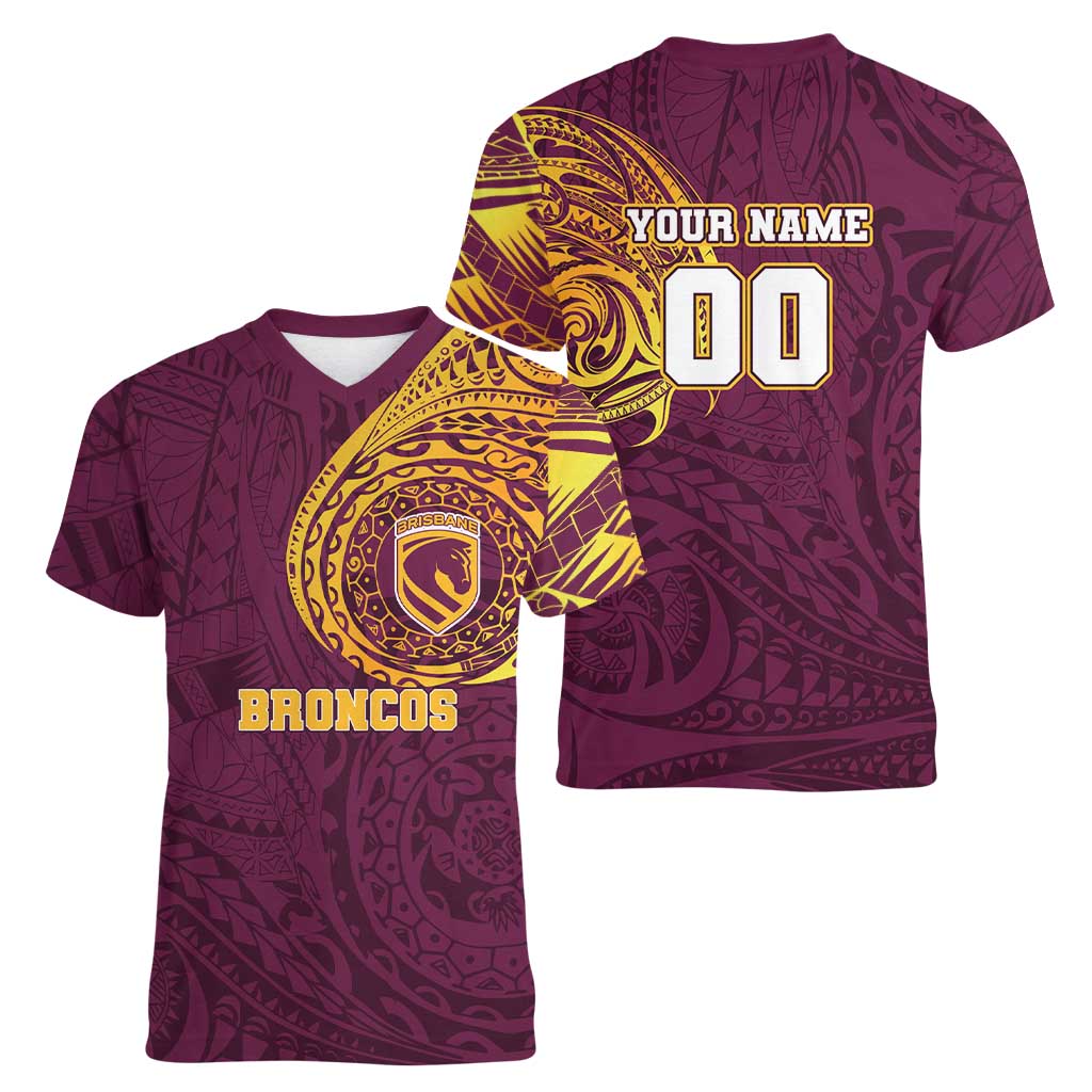 Personalized Brisbane Broncos Women V-Neck T-Shirt Polynesian Tribal Chest and Sleeve Tattoo