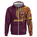 Personalized Brisbane Broncos Zip Hoodie Polynesian Tribal Chest and Sleeve Tattoo