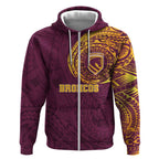 Personalized Brisbane Broncos Zip Hoodie Polynesian Tribal Chest and Sleeve Tattoo