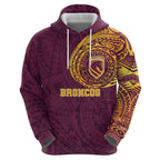 Personalized Brisbane Broncos Zip Hoodie Polynesian Tribal Chest and Sleeve Tattoo