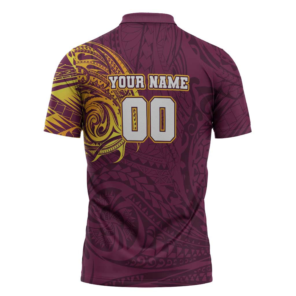 Personalized Brisbane Broncos Zipper Polo Shirt Polynesian Tribal Chest and Sleeve Tattoo