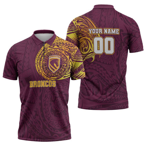 Personalized Brisbane Broncos Zipper Polo Shirt Polynesian Tribal Chest and Sleeve Tattoo
