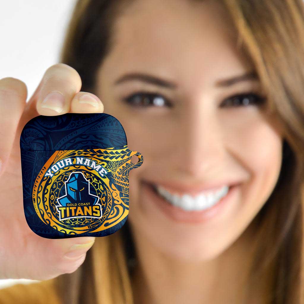 Personalized Gold Coast Titans AirPods Case Polynesian Tribal Chest and Sleeve Tattoo