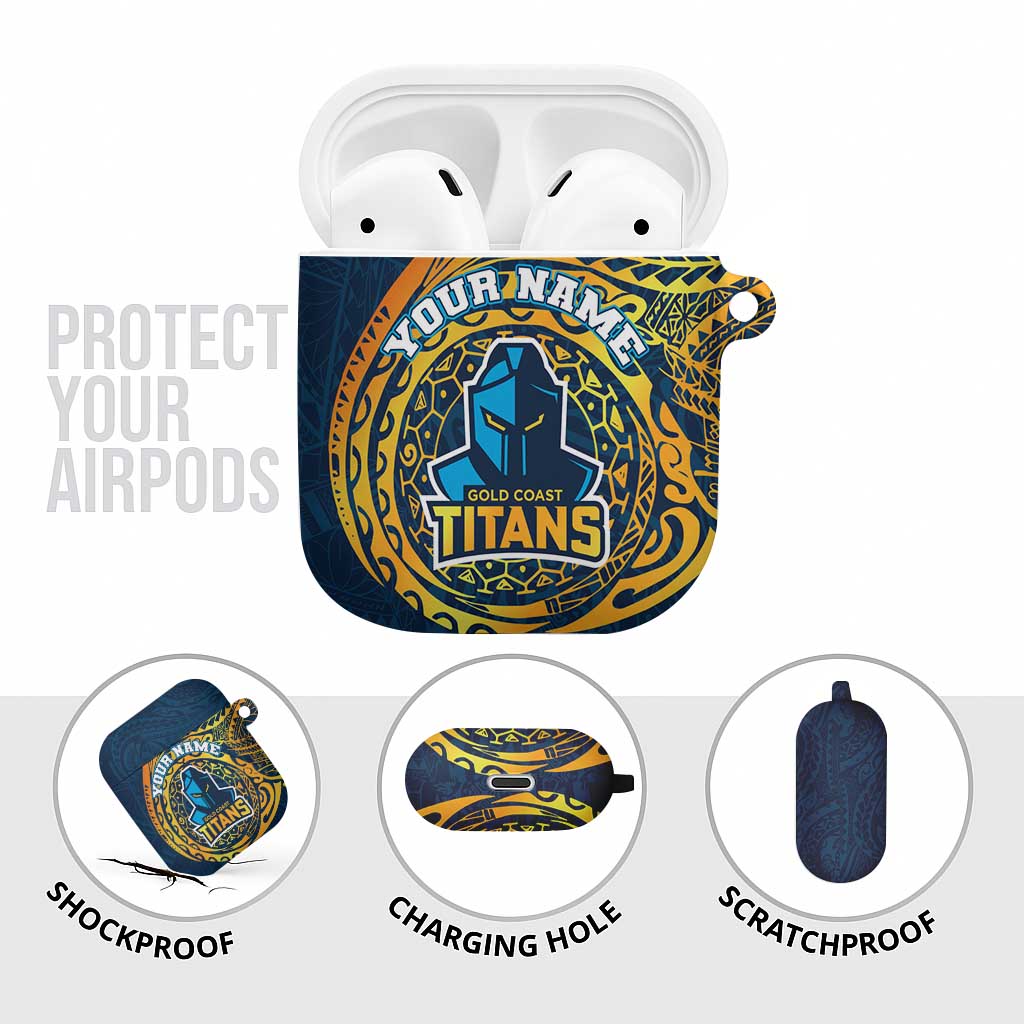 Personalized Gold Coast Titans AirPods Case Polynesian Tribal Chest and Sleeve Tattoo