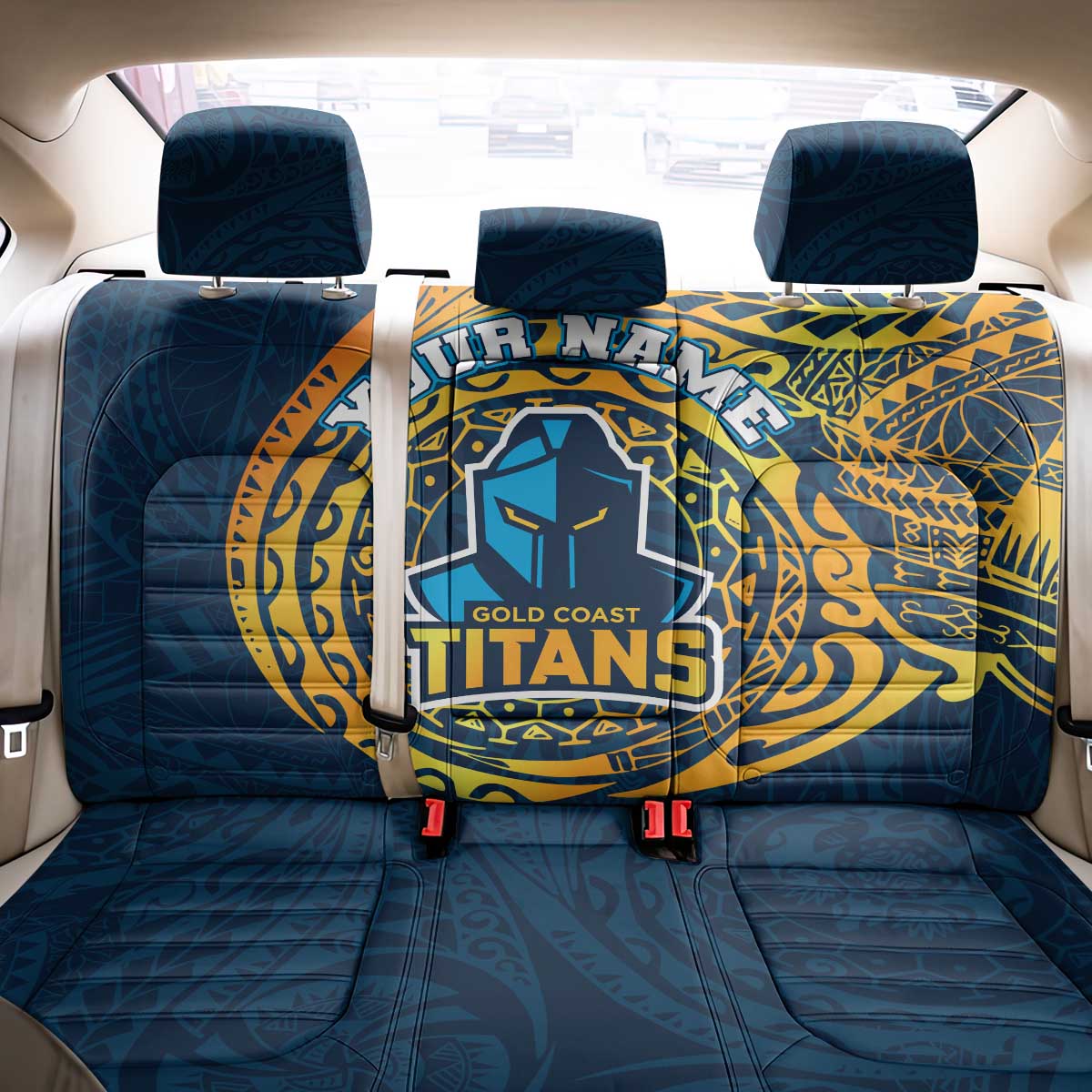 Personalized Gold Coast Titans Back Car Seat Cover Polynesian Tribal Chest and Sleeve Tattoo