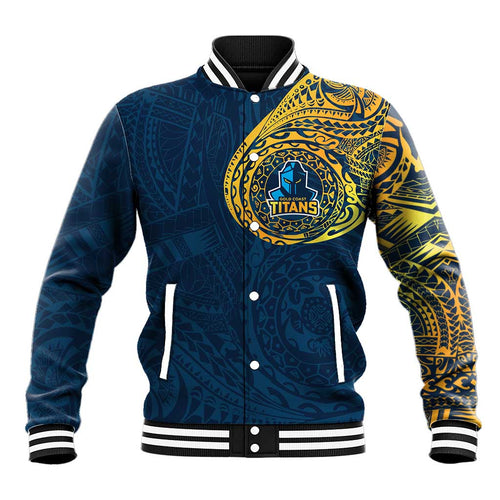 Personalized Gold Coast Titans Baseball Jacket Polynesian Tribal Chest and Sleeve Tattoo