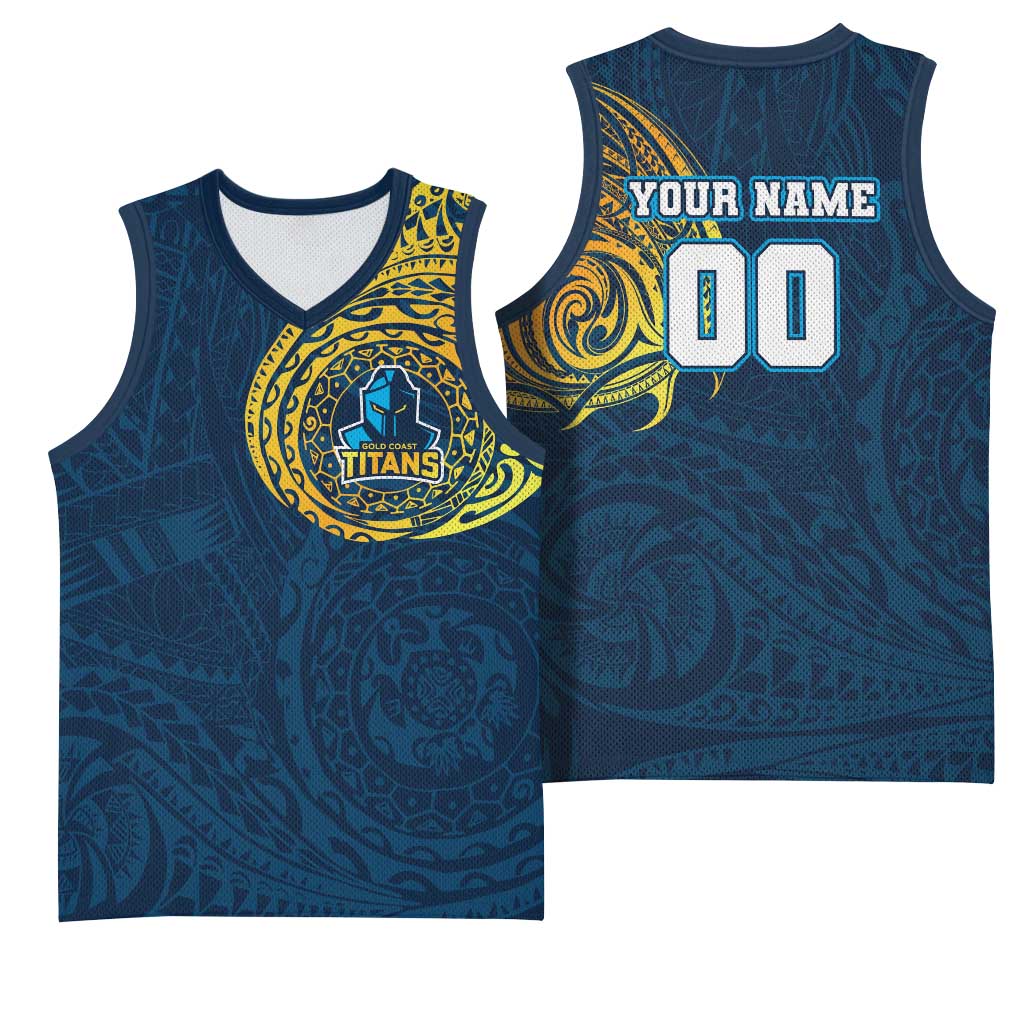 Personalized Gold Coast Titans Basketball Jersey Polynesian Tribal Chest and Sleeve Tattoo