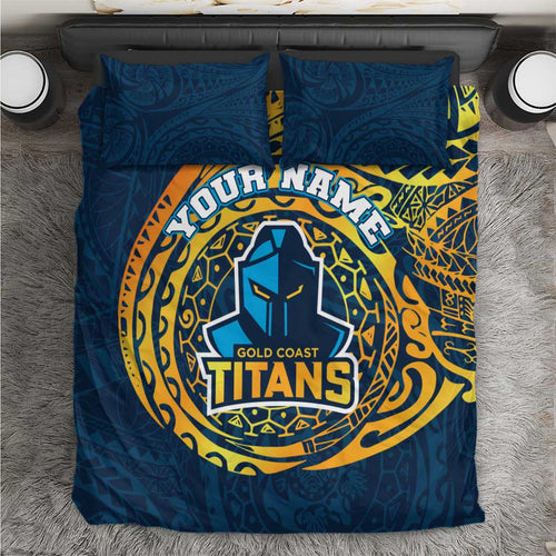 Personalized Gold Coast Titans Bedding Set Polynesian Tribal Chest and Sleeve Tattoo