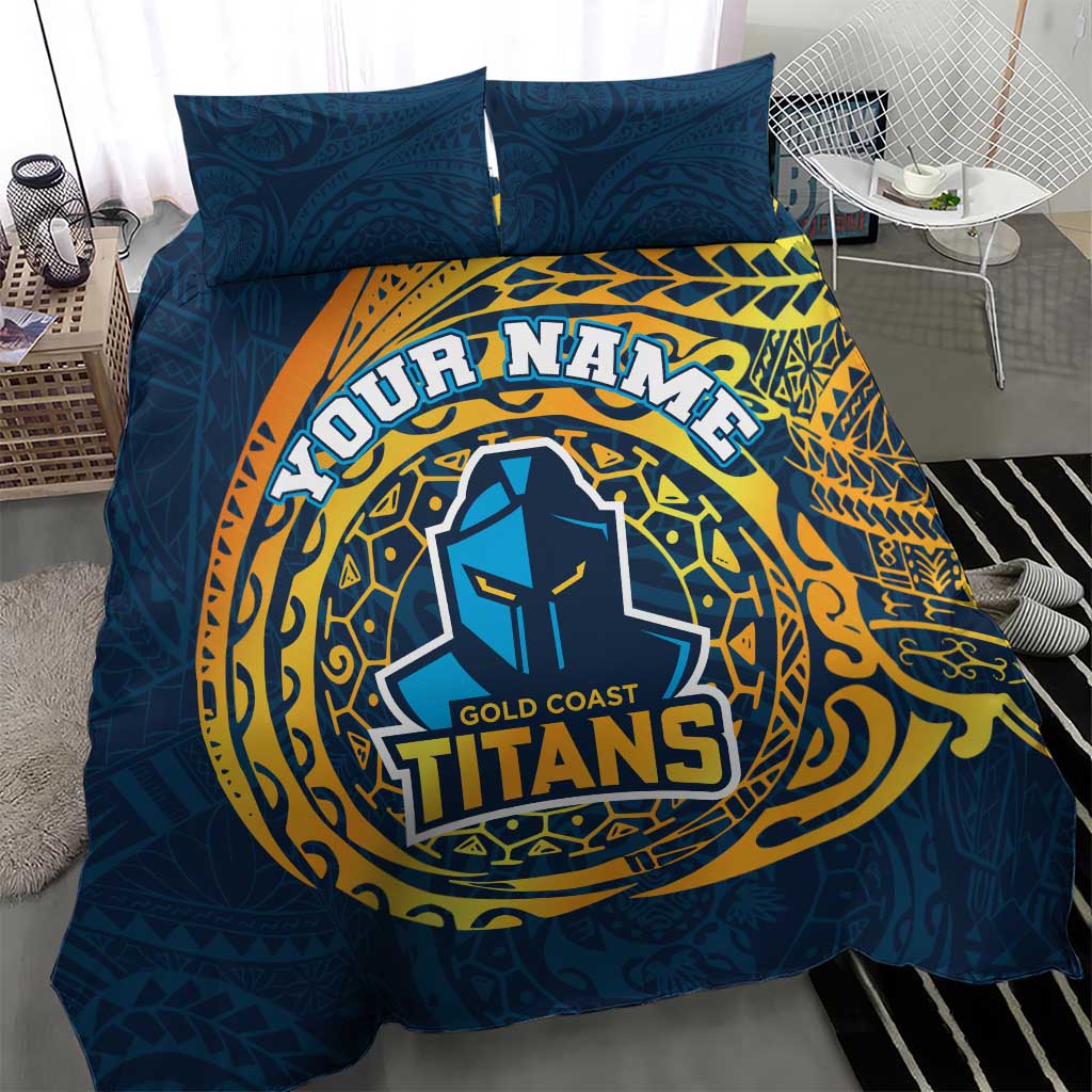 Personalized Gold Coast Titans Bedding Set Polynesian Tribal Chest and Sleeve Tattoo