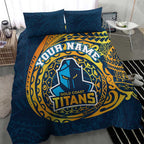 Personalized Gold Coast Titans Bedding Set Polynesian Tribal Chest and Sleeve Tattoo