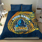 Personalized Gold Coast Titans Bedding Set Polynesian Tribal Chest and Sleeve Tattoo