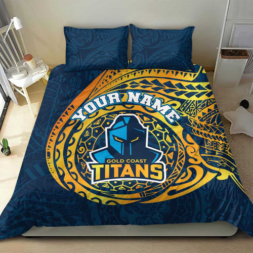Personalized Gold Coast Titans Bedding Set Polynesian Tribal Chest and Sleeve Tattoo