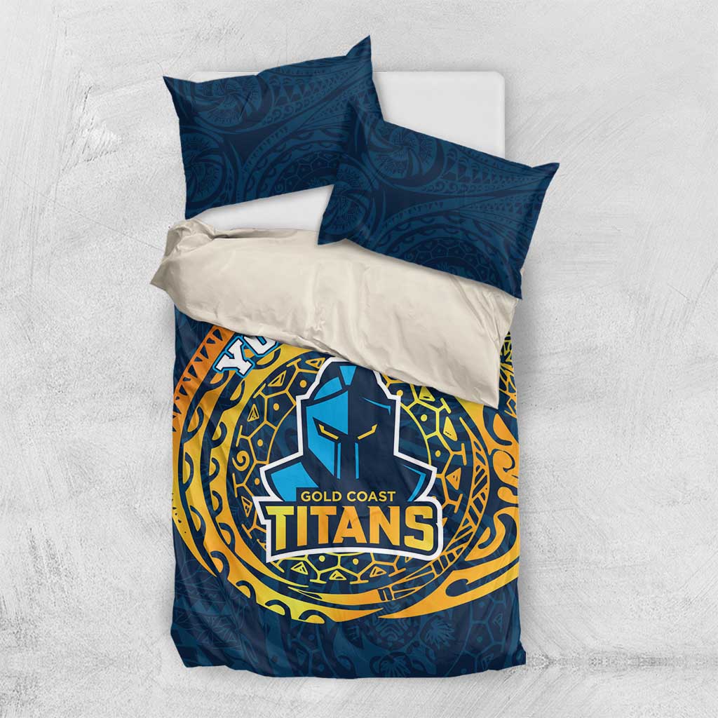 Personalized Gold Coast Titans Bedding Set Polynesian Tribal Chest and Sleeve Tattoo