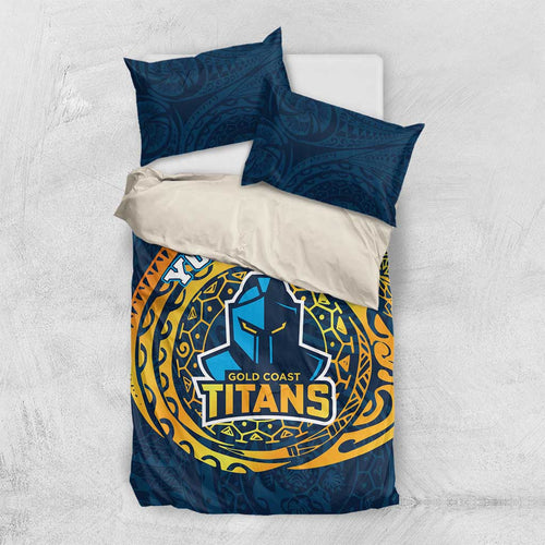 Personalized Gold Coast Titans Bedding Set Polynesian Tribal Chest and Sleeve Tattoo